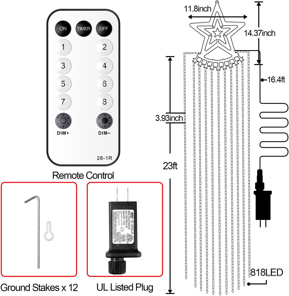 Christmas Star Waterfall Tree Lights - 23ft 11 Strand 818 LED Outdoor Decorations With 8 Modes Timer Remote - Plug-in