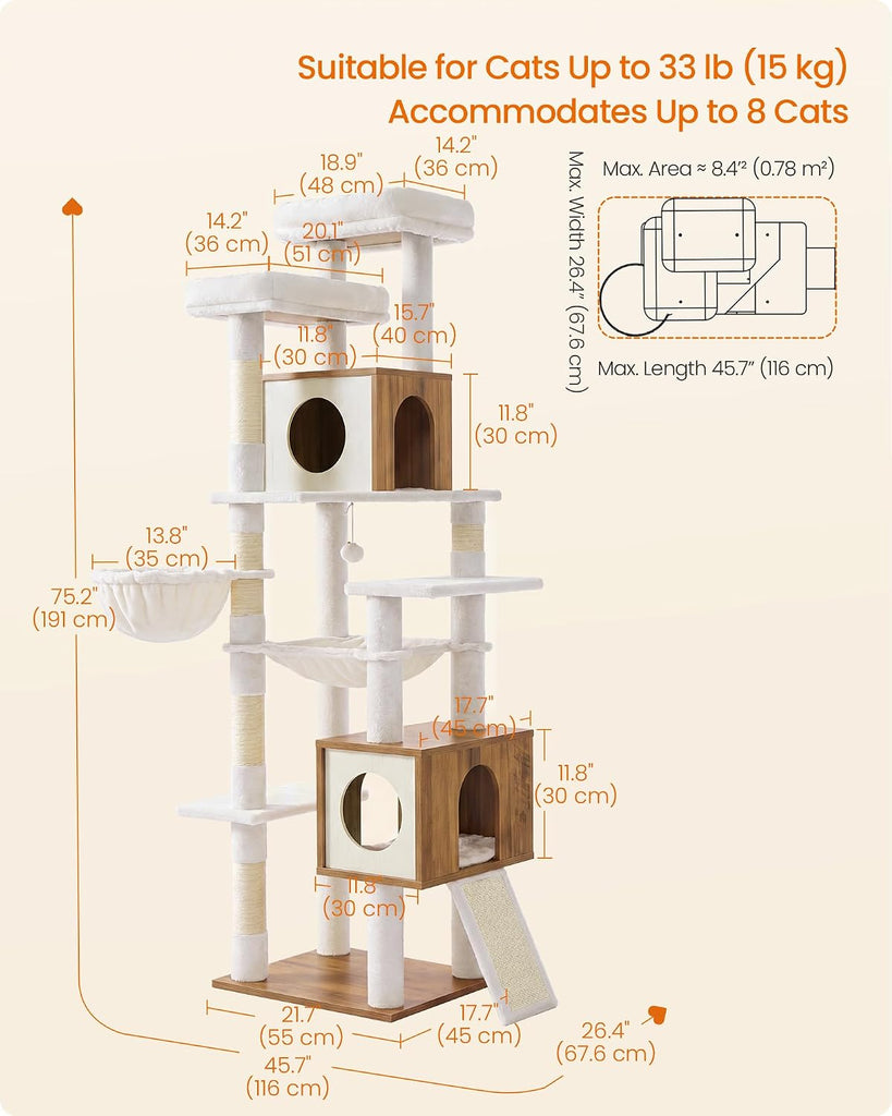 Tall Cat Tree, 8-Tier Wood Tower with 2 Condos, Scratching Post