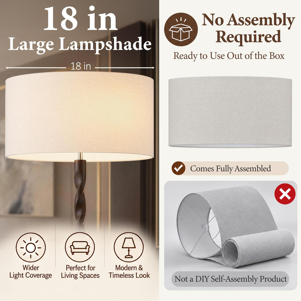 64 Inch Twisted Walnut Wood Floor Lamp with Linen Shade, Cream