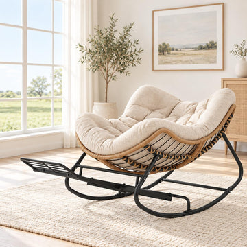 Papasan Rocking Chair with Footrest, Outdoor Wicker Egg Rocker, Khaki