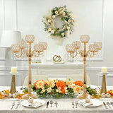 4 Packs 5 Arms Crystal Candelabra, Gold Floor Candle Holder Set with Chandelier Crystal Beaded Anniversary Dinner