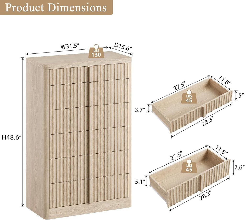 Fluted Dresser , 48" Tall 6 Drawer Dressers, Modern Chest of Drawers with Solid Wood Handle, Curved Profile Design