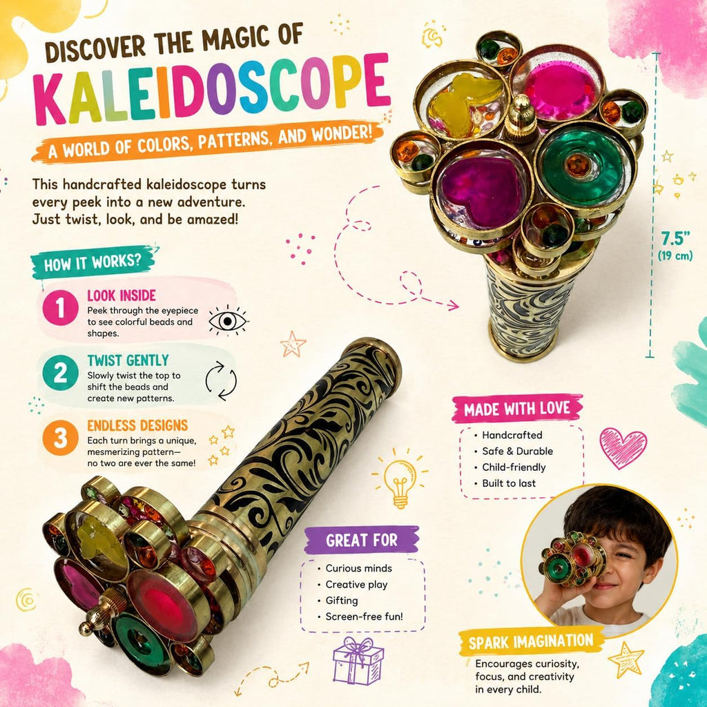 Handcrafted Etched Lacquered Brass Kaleidoscope | Floral Engraved with Dual Separate Turning Wheels | Vintage