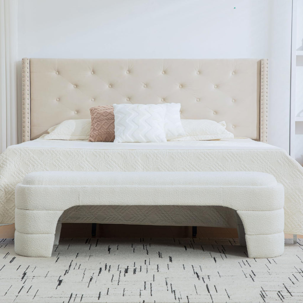 65" W Shoe Bench Modern Upholstered King Size End of Bed, White.
