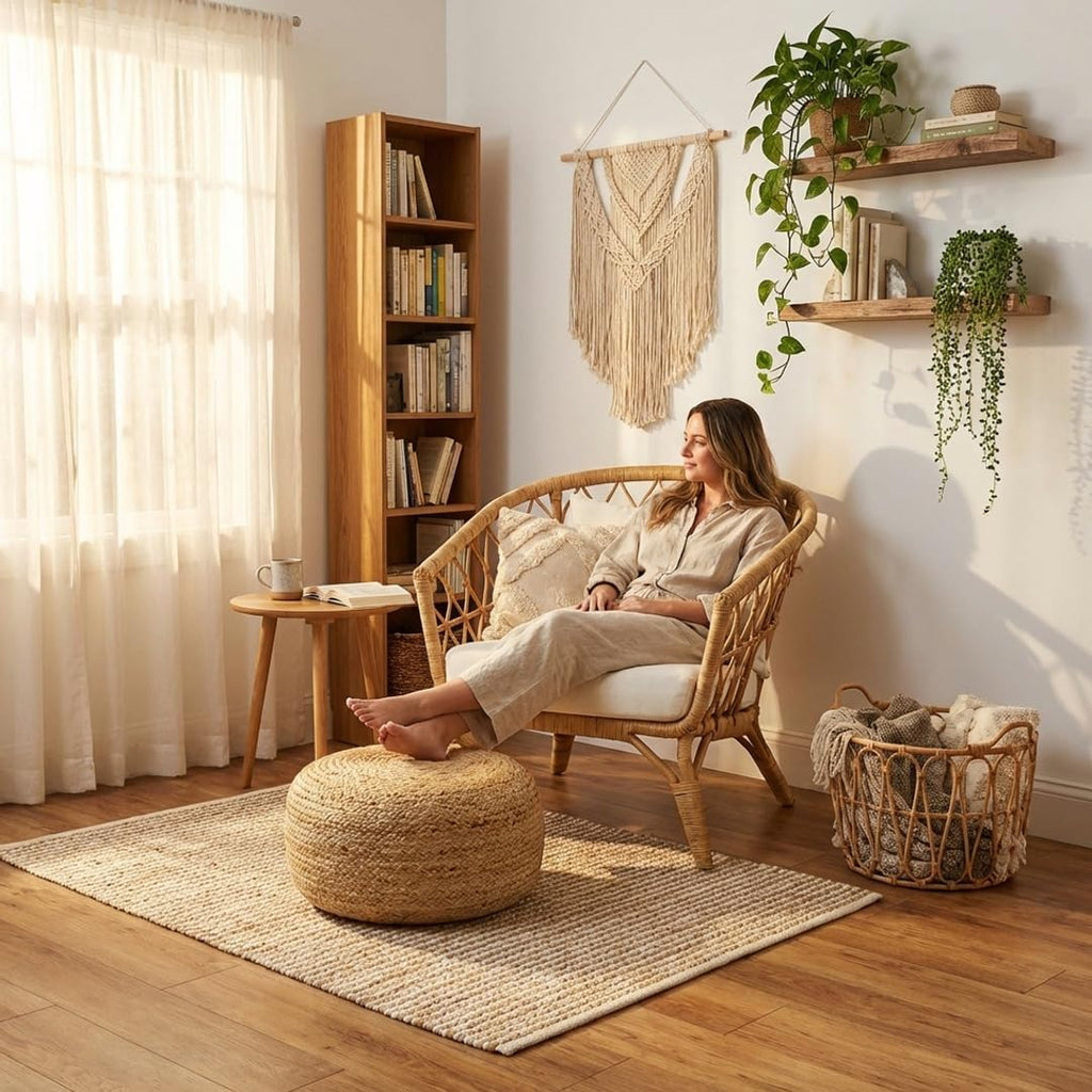 Jute Circular Low Pouf - Pouffe Foot Stool - Natural, Set of 2