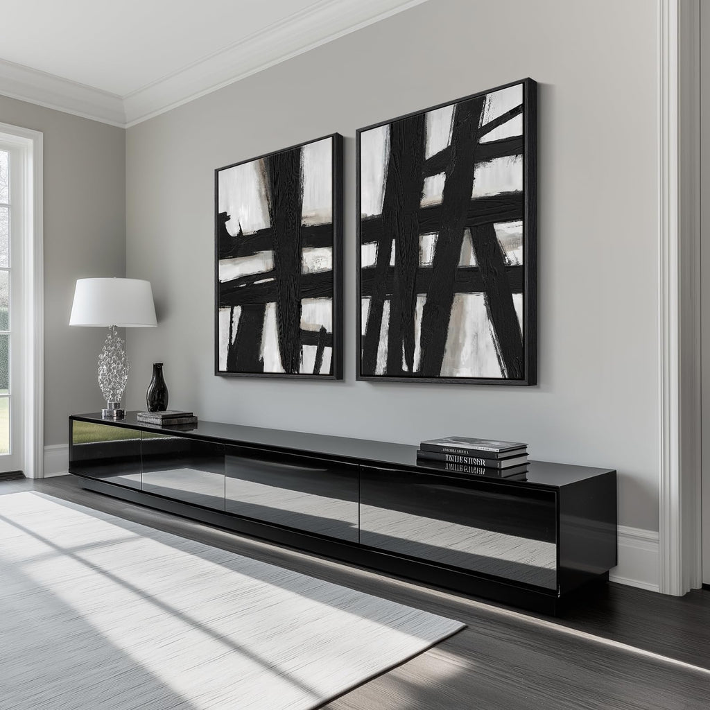 Large Framed Black White Abstract Wall Art Set of 2, 24x36