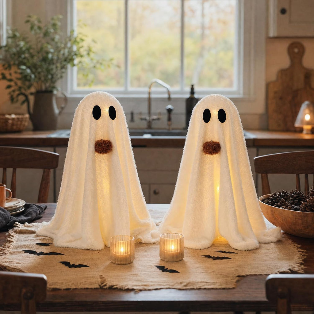 Halloween Decorations-2 Pack Light-Up Sherpa Ghosts with Pumpkin - Set of 2
