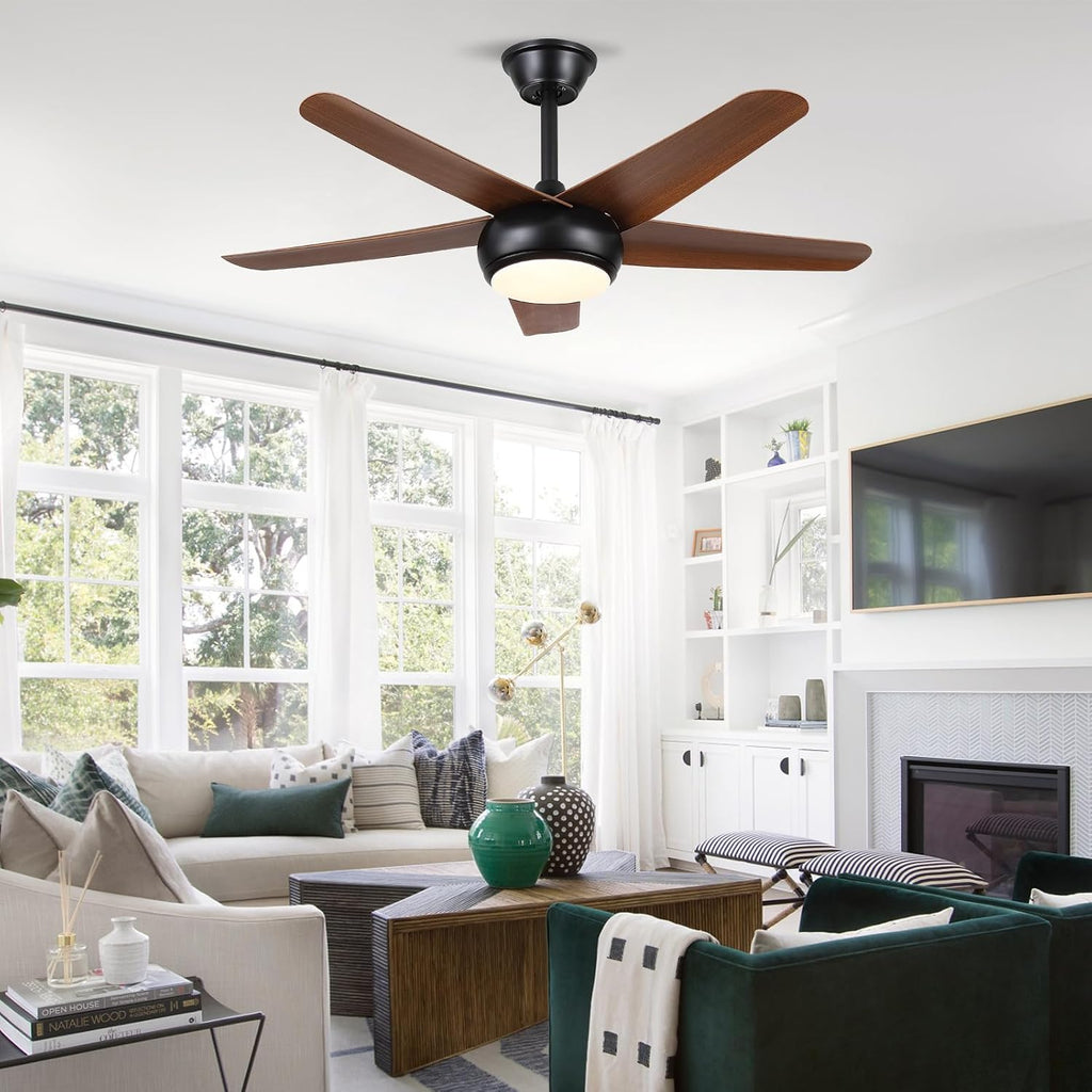 Low Profile Flush Mount Ceiling Fan with Lights - 44IN Modern Indoor/Outdoor Ceiling Fan Light with Remote/APP, Reversible DC Motor with 6 Speeds, Dimming, Brown A101-B0DC2M5QDL