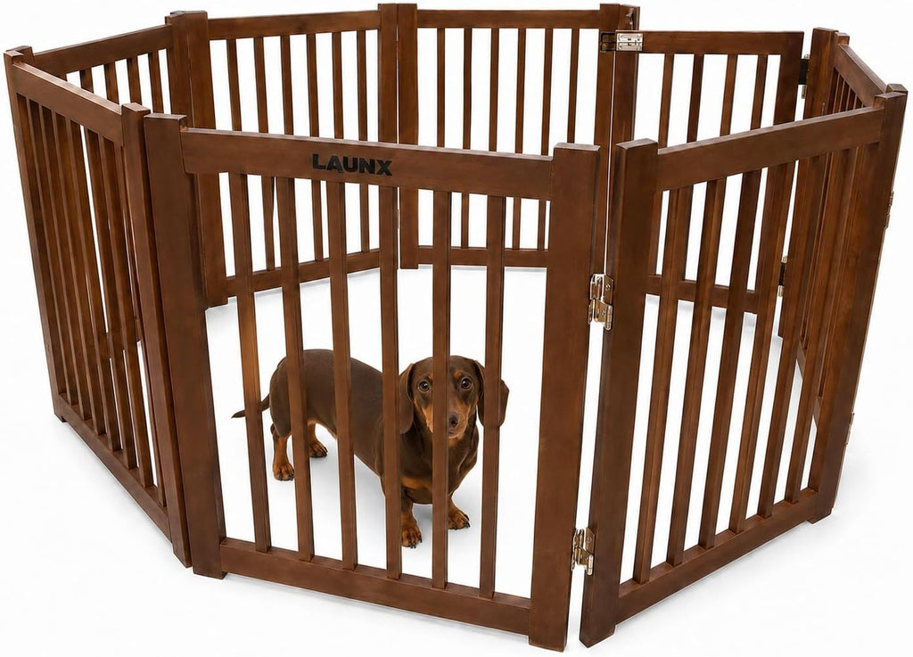 Extra Wide 8-Panel Freestanding Indoor Pet Gate with Door / 142" W, 24" H/Foldable, Solid Acacia Wood, Portable