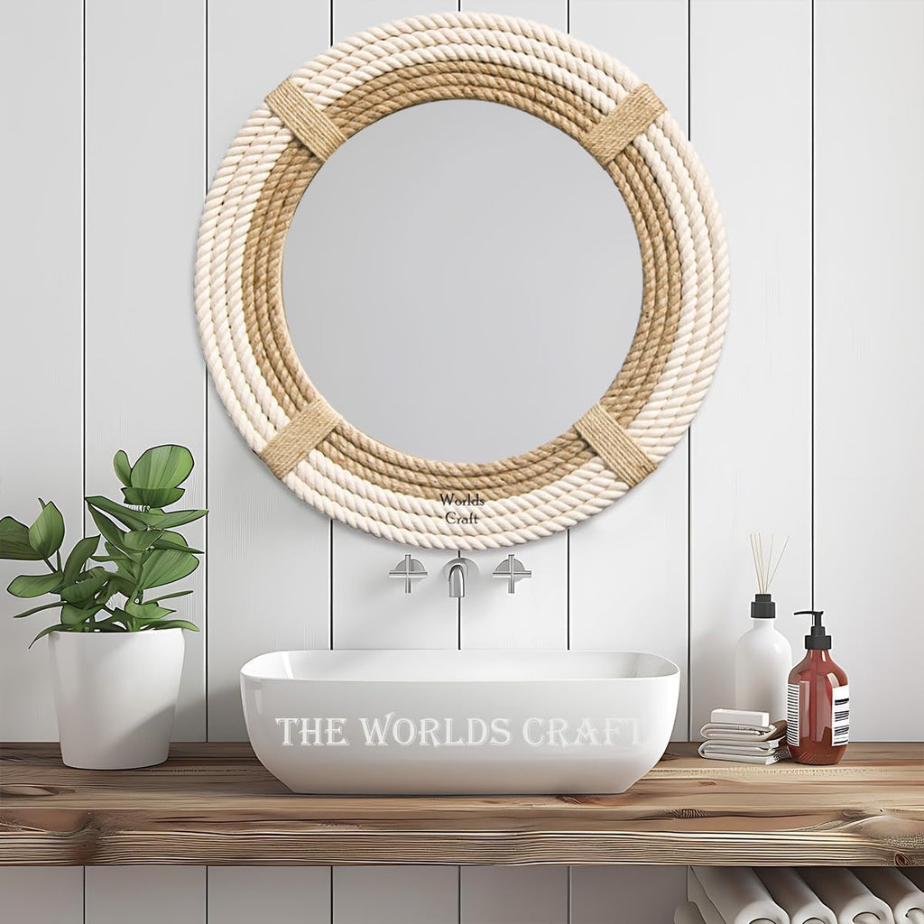 Nautical Hampton Round White Rope Mirror Twisted Rope Home Decor Art Wall Hanging Mirror Coastal Cotton Rope Mirror