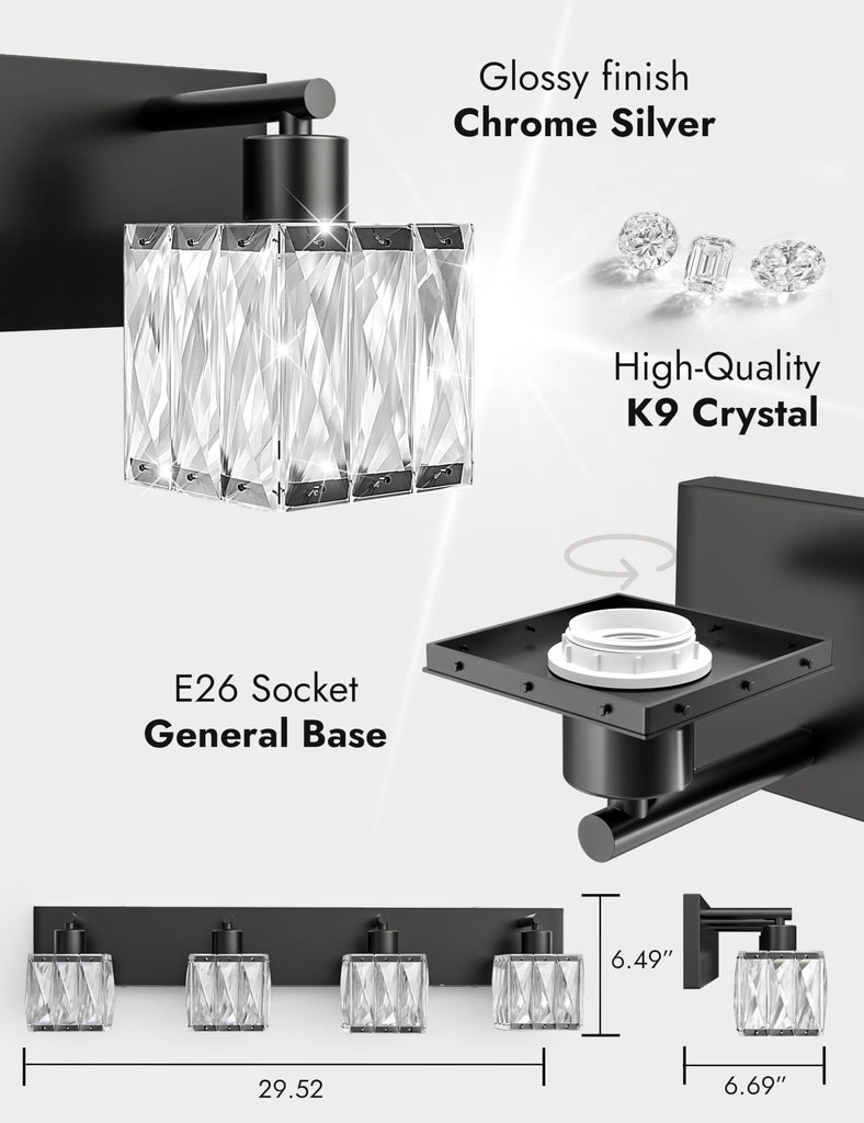 4-Light Crystal Bathroom Vanity Light Square, Matte Black
