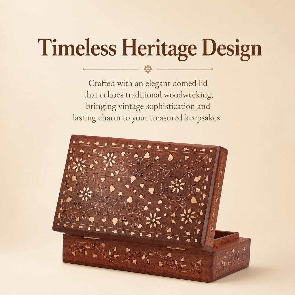 Hand Carved Wooden Decorative Jewelry Storage Box with Floral Carvings Design Brass Inlay Keepsake Travel Treasure