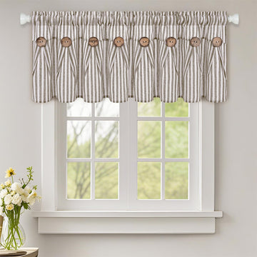 Farmhouse Valances for Windows, Cotton Linen Kitchen Curtains Valances with Rustic Buttons, Brown Striped Window