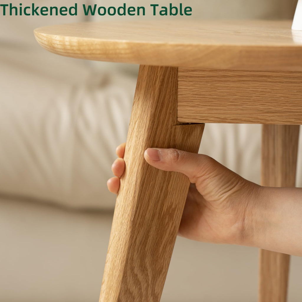 100% Solid Oak Wood Mini Coffee Table, Round Side Table w/Solid Wood Legs, Minimalist Coffee Table w/Sturdy Frame