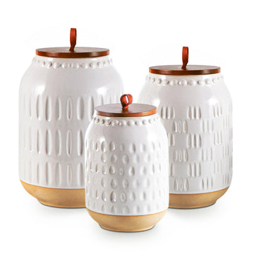 Ceramic Canister Set, 3-Piece White Jars with Bamboo Lids