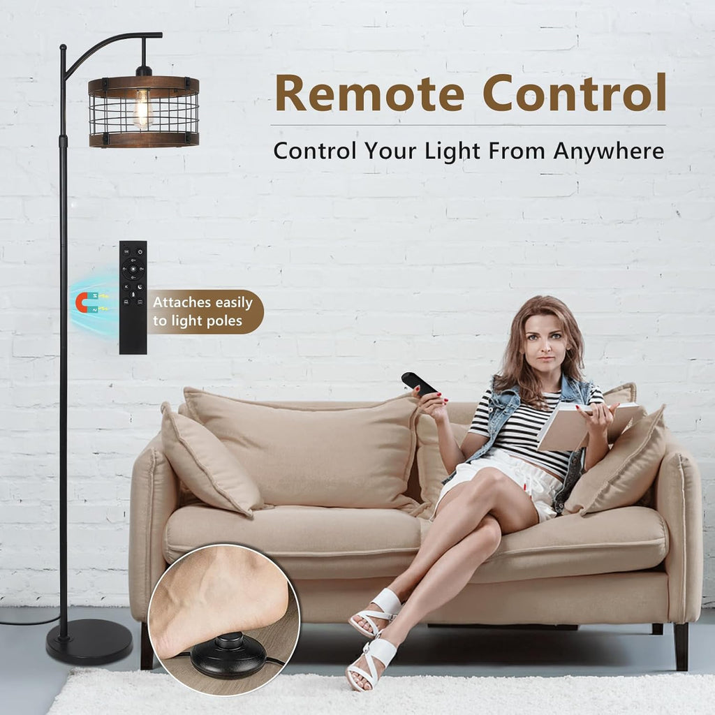 Arc Floor Lamp with Remote & Dimmable LED Bulb, Vintage Wood Floor Lamps