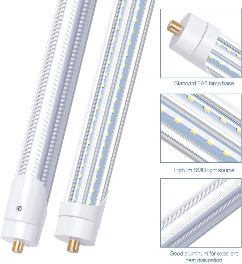 8ft LED Tube Light 65W, Fa8 Base Single Pin, Double Ended, Ballast Bypass