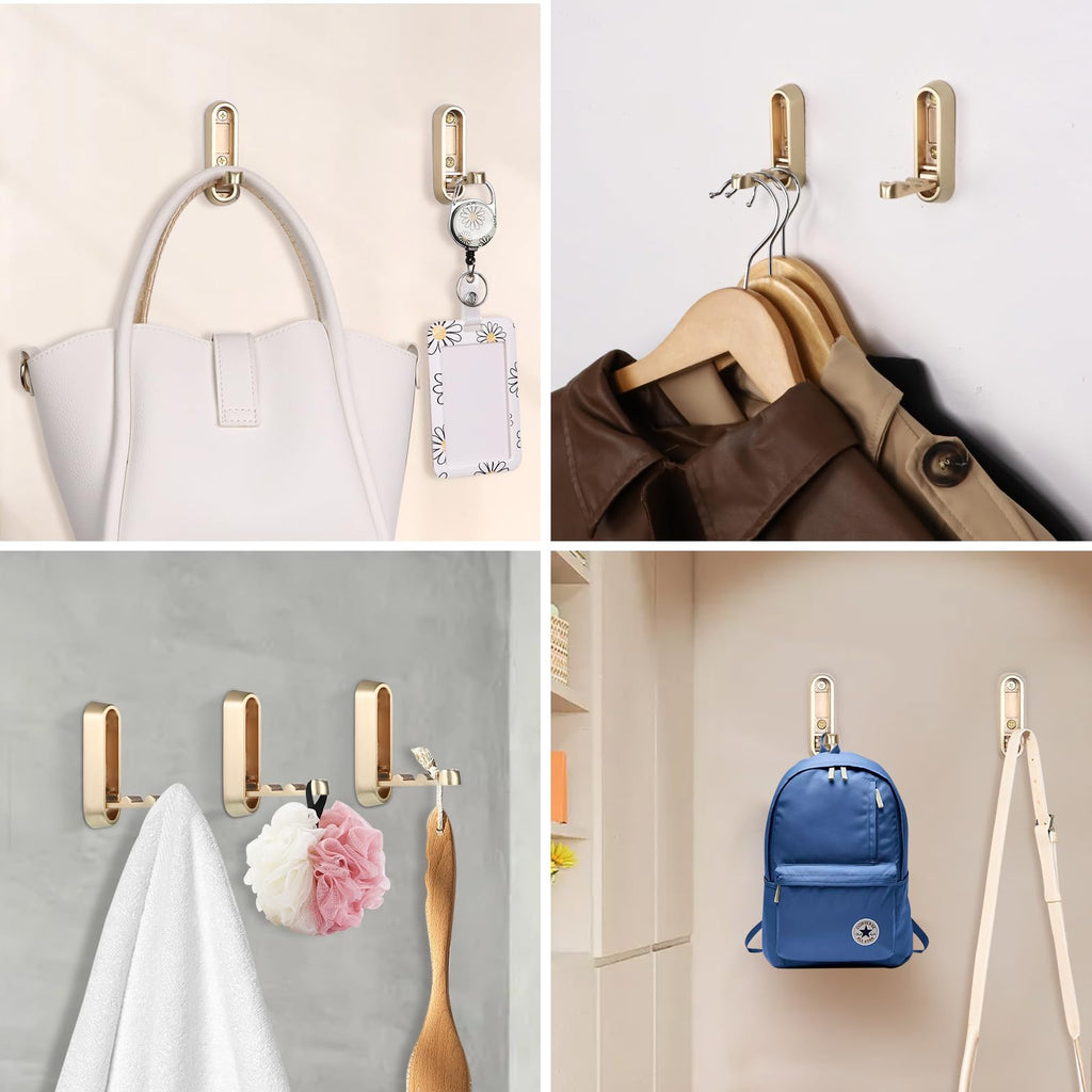 Folding Coat Hooks, Gold, 6 Pack, Wall Hook, Hanging Towels Clothes Bag