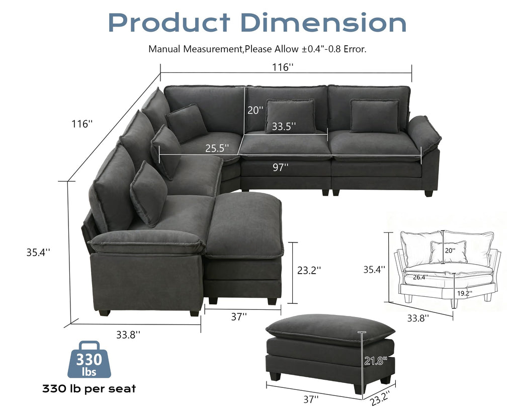 116" Oversized Modular Sectional Sofa U-Shaped Corner Cloud Couch with Ottoman, Convertible Deep Seat Velvet Couch