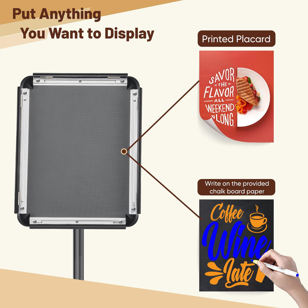 Adjustable Pedestal Floor Stand Sign Holder for 8.5*11 inches Poster or chalk board, Snap open frame, 360°