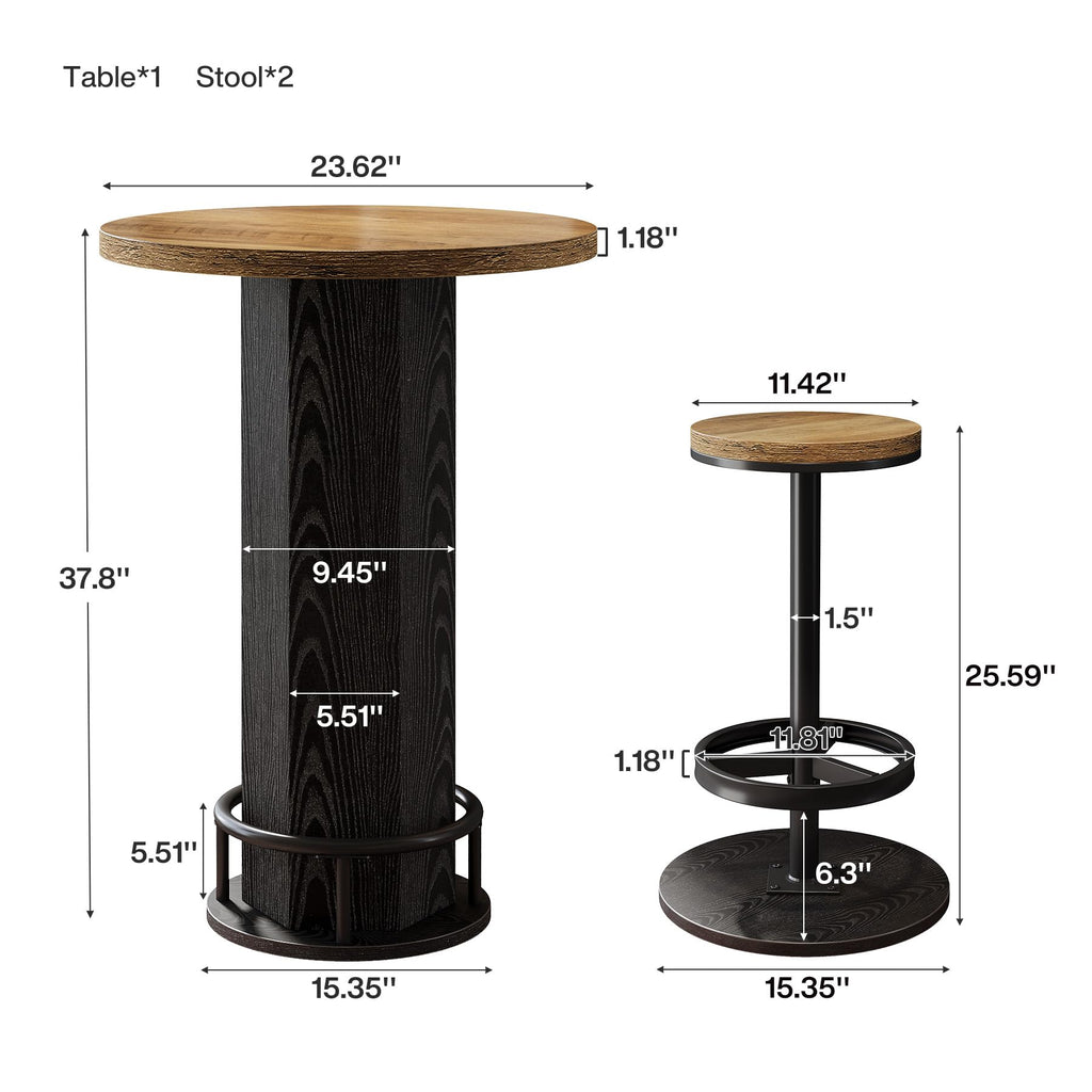 Round Bar Table with Chairs Set of 2, Industrial Bistro Sets with 2 barstools, Pub Cocktail Table with Metal Ring