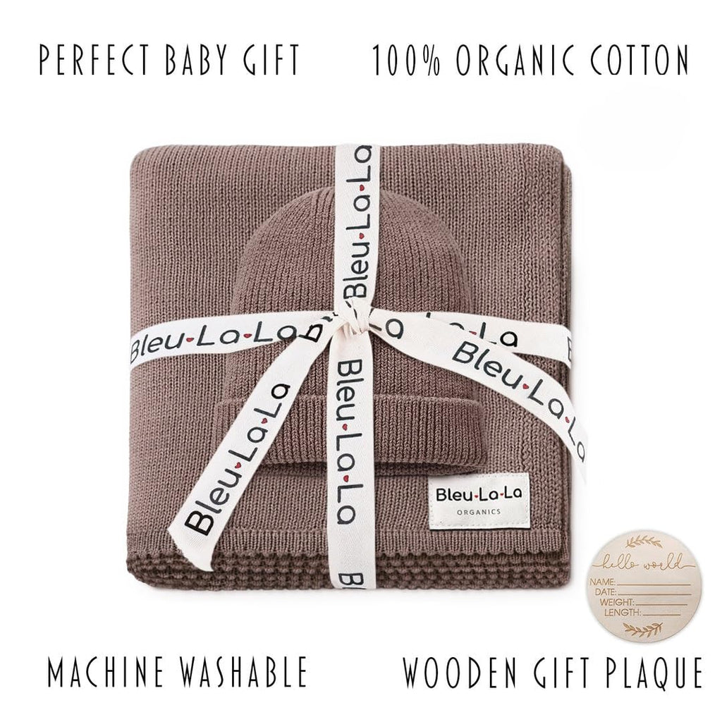 Baby Gift Set - Organic Cotton Blanket + Hat Set, Newborn Blanket Essentials, Baby Boy Gifts (Luxe - Milk Chocolate)