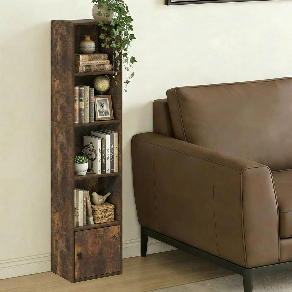 Book Shelf, 5-Tier Bookshelf with Open Shelf, Standing Bookcase with 1 Door Cabinet, 9.3 x 12 x 52, for Organization