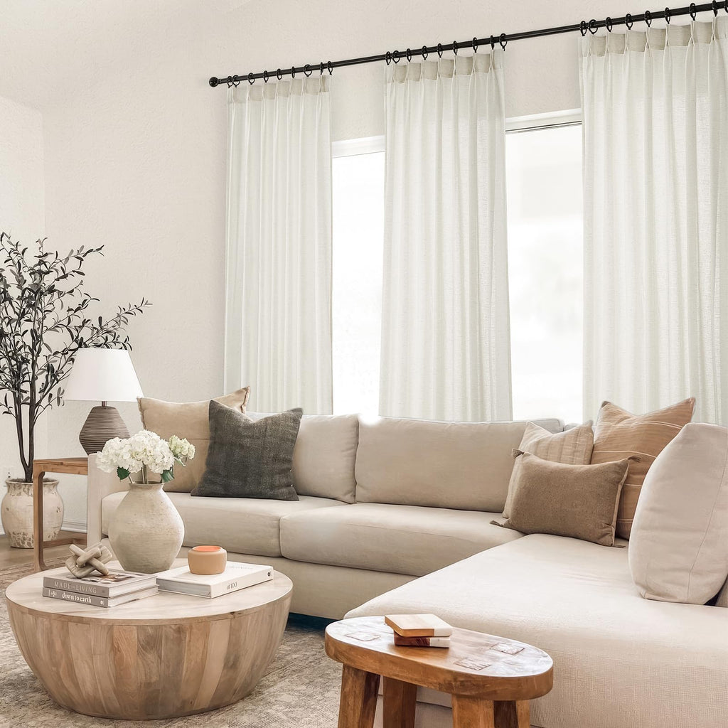 Natural Pinch Pleated Linen Curtains 84 Inch Length 2 Panels Living Room Textured Cream Semi Sheer Window Curtain