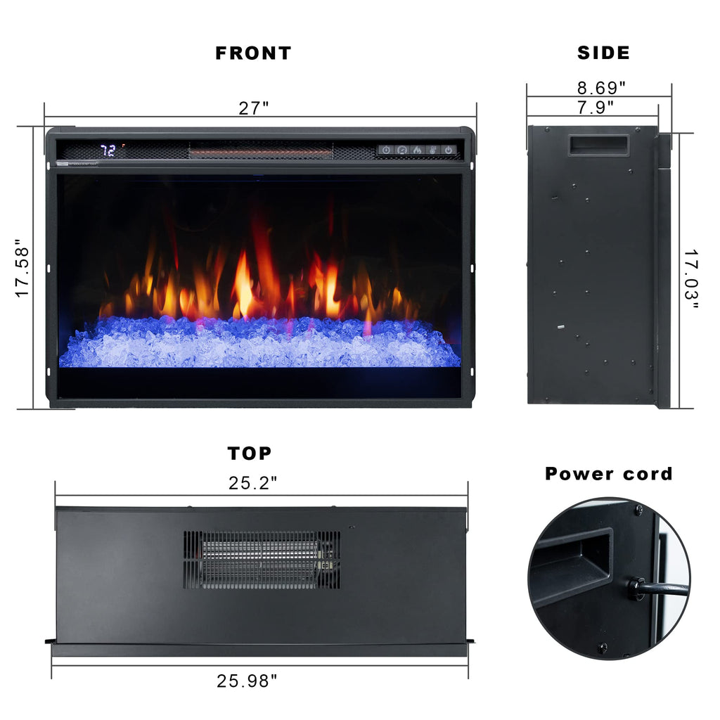 OxharkFlame 26in Electric Fireplace Inserts Wall Mounted Recessed Crystal