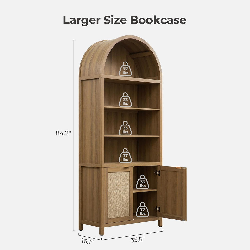 84.2" Tall Arched Bookcase with Doors - 5 Tier Rattan Bookshelf | Boho Arched Cabinet Large Book Shelf Case with