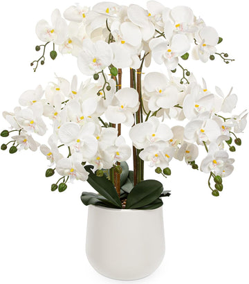 Extra Large White Orchid Artificial Flowers in Cream Resin Pot, 29.5in Lifelike Silk Orchid Arrangement Faux
