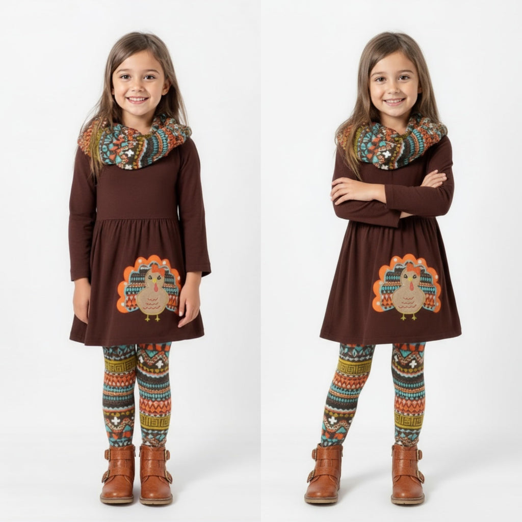 Toddler Girls 3 Piece Colorful Aztecan Thanksgiving Turkey Legging Set ( /M, Brown)