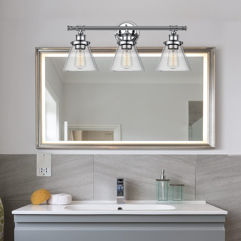 Parker 3-Light Vanity Light, Chrome, Clear Glass Shades, Bulb Not Included