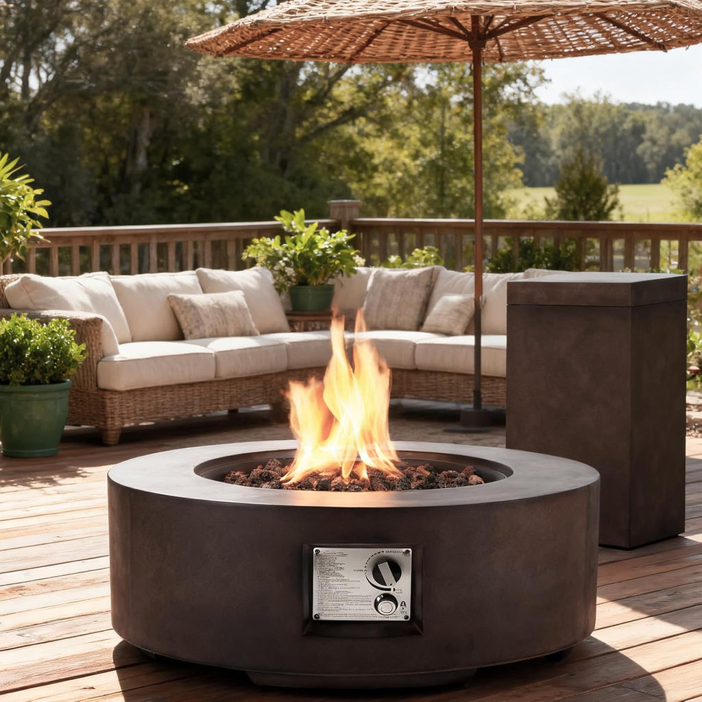 2-Piece Gas Fire Pit, Outdoor Propane Firepit Table Set w/Tank Cover, 30''Auto-Ignition Round Steel Fire Table