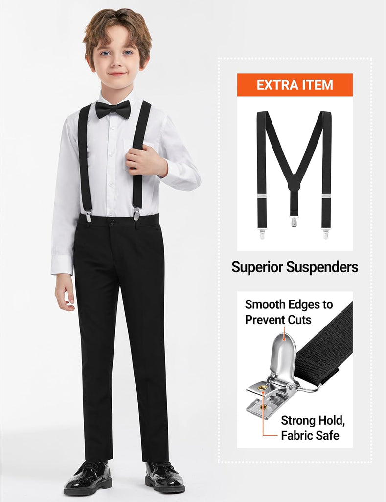 Boys Formal Suit Set, 3 Styling Looks, Adjustable Waist & Suspenders