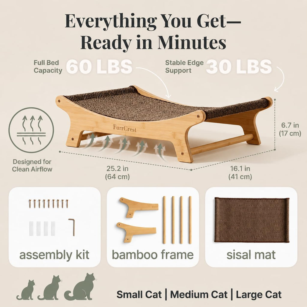 XL Sisal Cat Scratcher Bed with Elevated Hammock for Indoor Cats, Replaceable Natural Sisal Pad, Large Cat Lounge