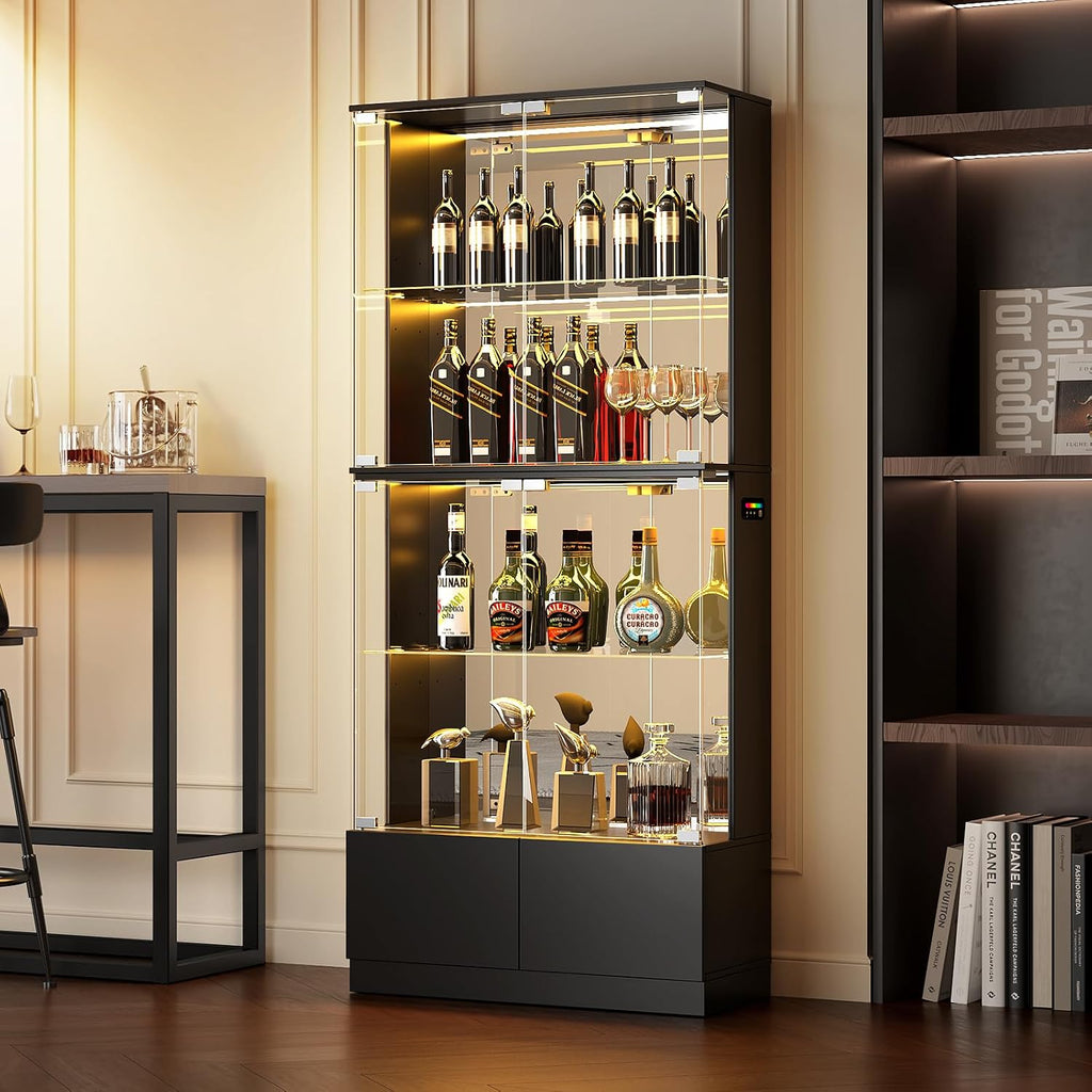 Display Cabinet with Glass Doors, 4-Tier Curio Cabinet with RGB Lights for Collectibles, Display Case with 2 Drawers