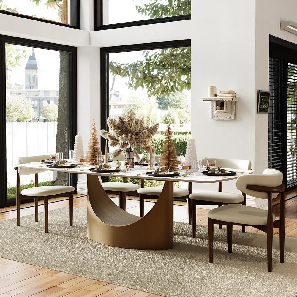 94" Modern Dining Table for 8-10, Hobart Matte White Dining Room Table, Sintered Stone Tabletop with Bronze Carbon