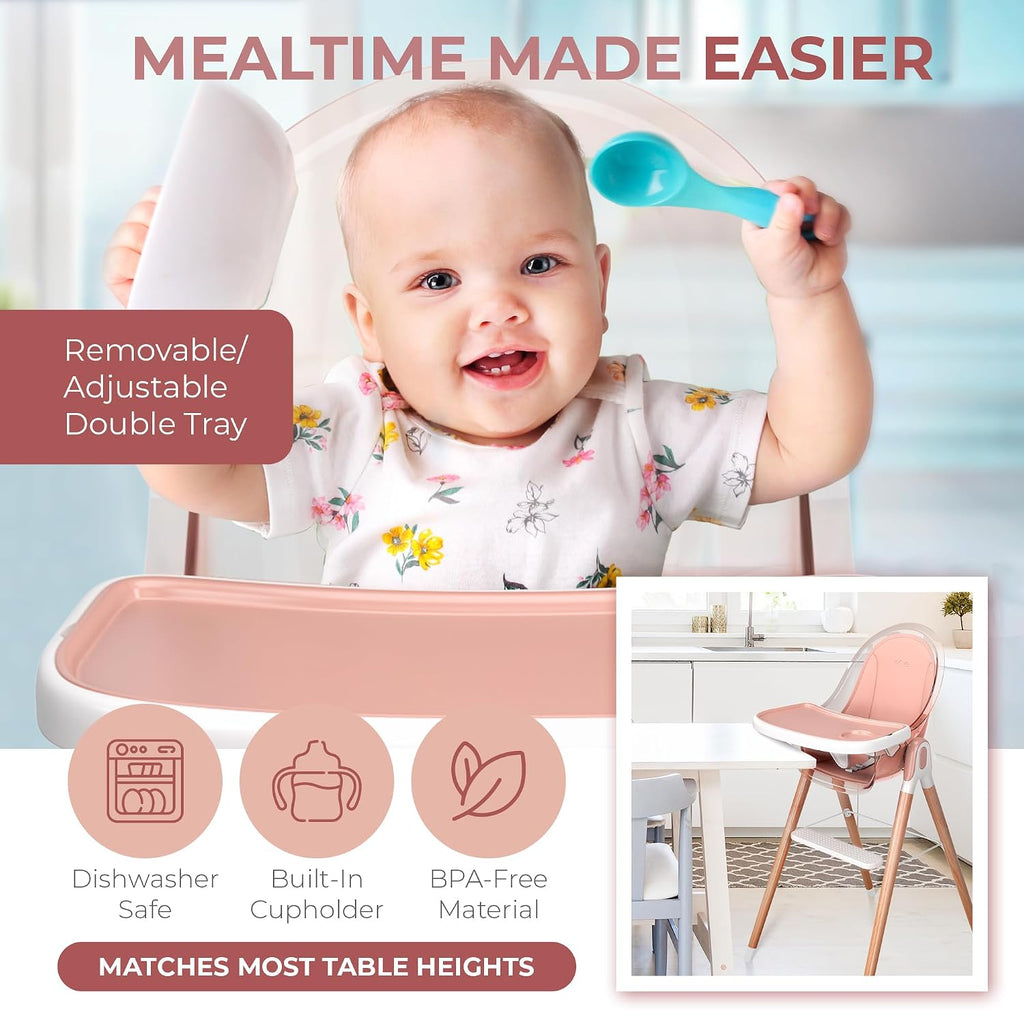 Classic Non-Reclinable 6 in 1 Baby High Chair for Babies and Toddlers, Modern Safe & Compact wooden Highchair, Easy