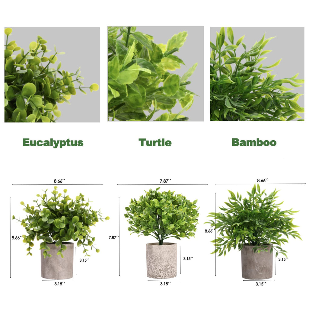 Decorative Artificial Plants in Pots Set of 3-Mini Potted Fake Plants in Pots, Plastic Eucalyptus Plants, Bamboo, Turtle