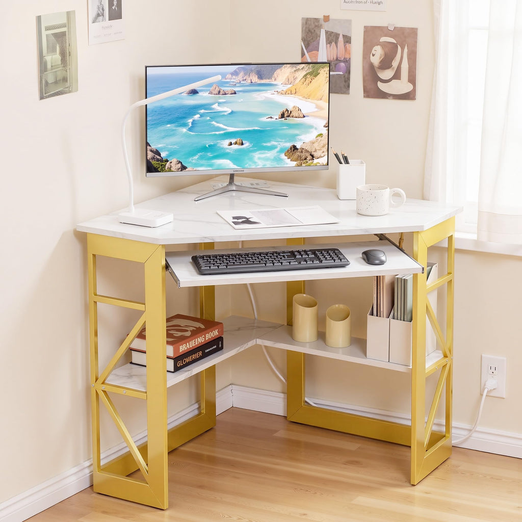 Corner Desk, Triangle Computer Desk for Small Space with Charging Station and Keyboard Tray, Corner Makeup Table with