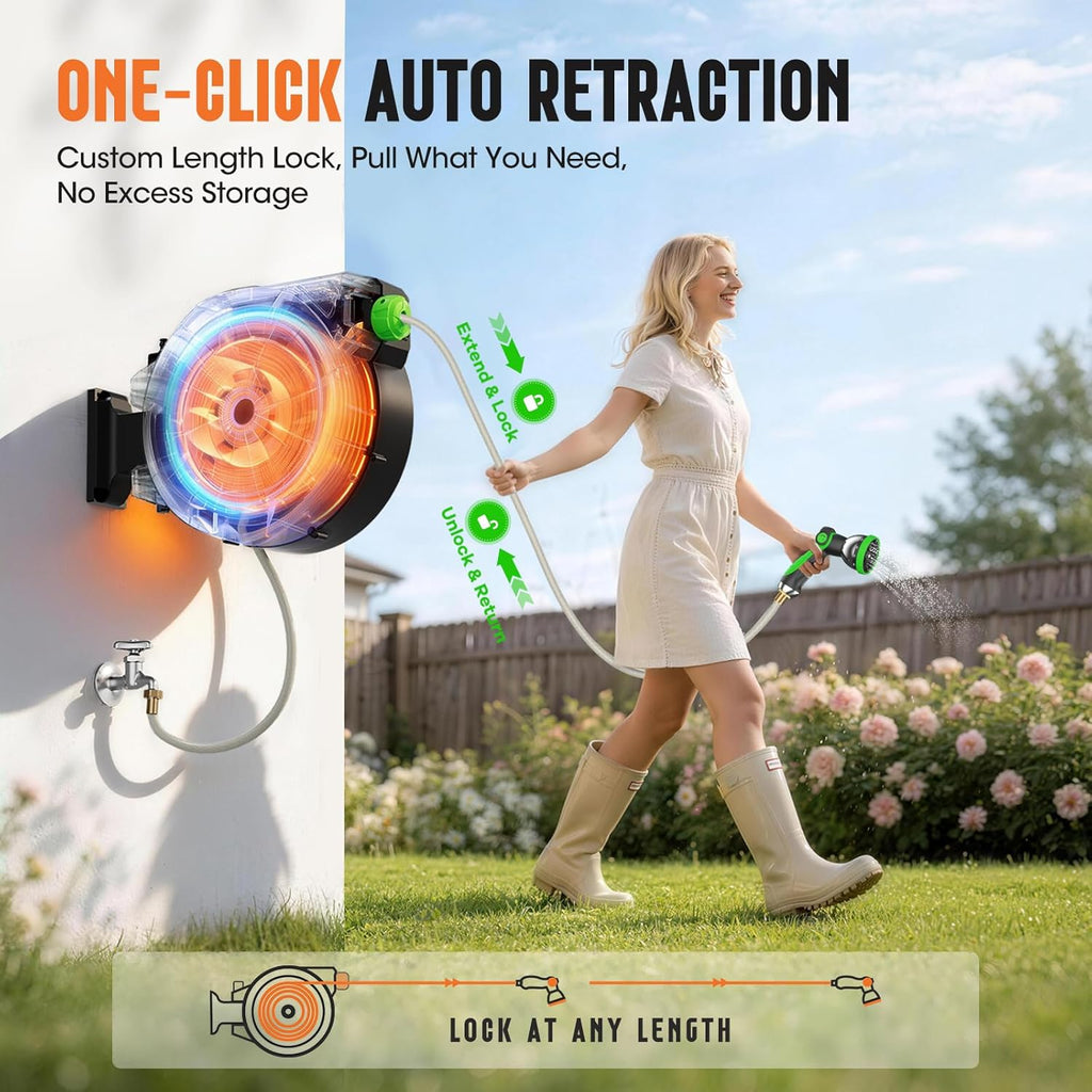 Retractable Garden Hose Reel 1/2" x 100ft, Wall Mounted Water Hose Reel with Auto Rewind, Any Length Lock, 180°