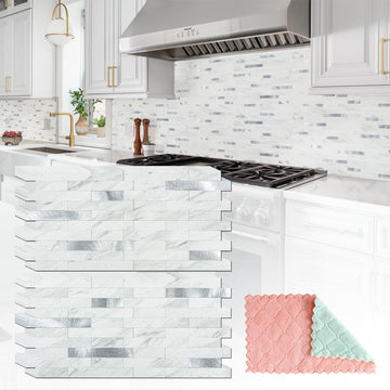 20 Sheets Peel and Stick Backsplash , White Marble with Metal Silver Look Stick on Tile Upgrade Your Kitchen