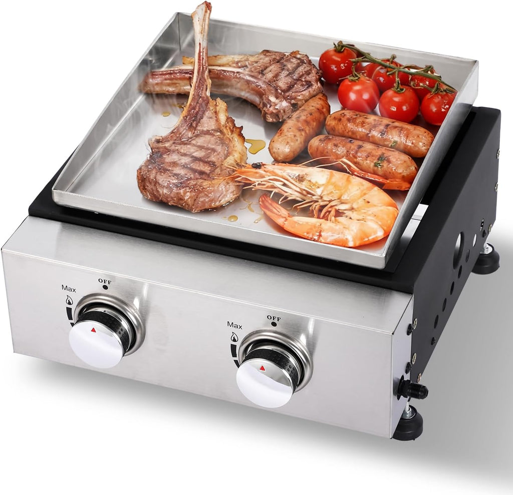 2-Burner Portable Tabletop Propane Gas Griddle, Stainless Steel Flat Top Grill with Regulator and Dust Cover for Camping and Tailgating