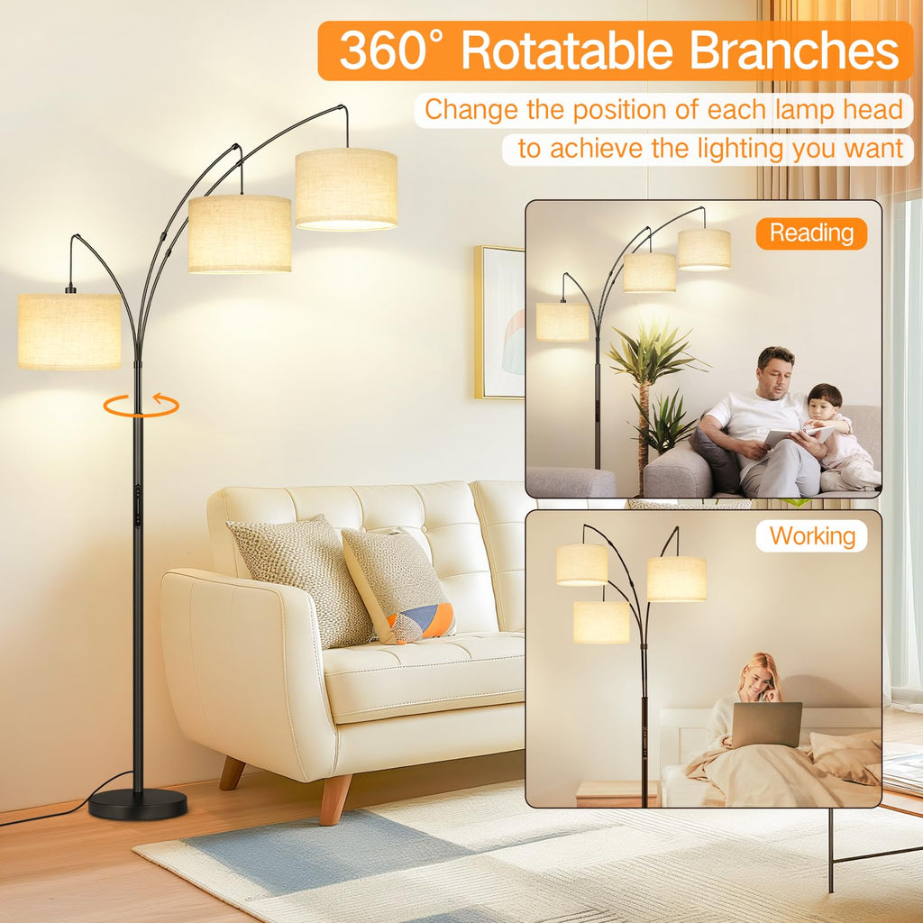 Arc LED Floor Lamp with Remote & Touch Control, Dimmable Modern Black 3 Light Arched Tall Floor Lamp, Mid Century