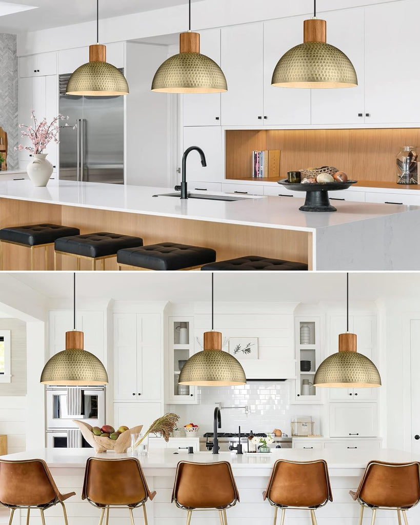 Vintage Pendant Light Fixtures, 12" Brushed Brass Hammered Metal & Rubber Wood Industrial Dome Hanging Lamp, Antique