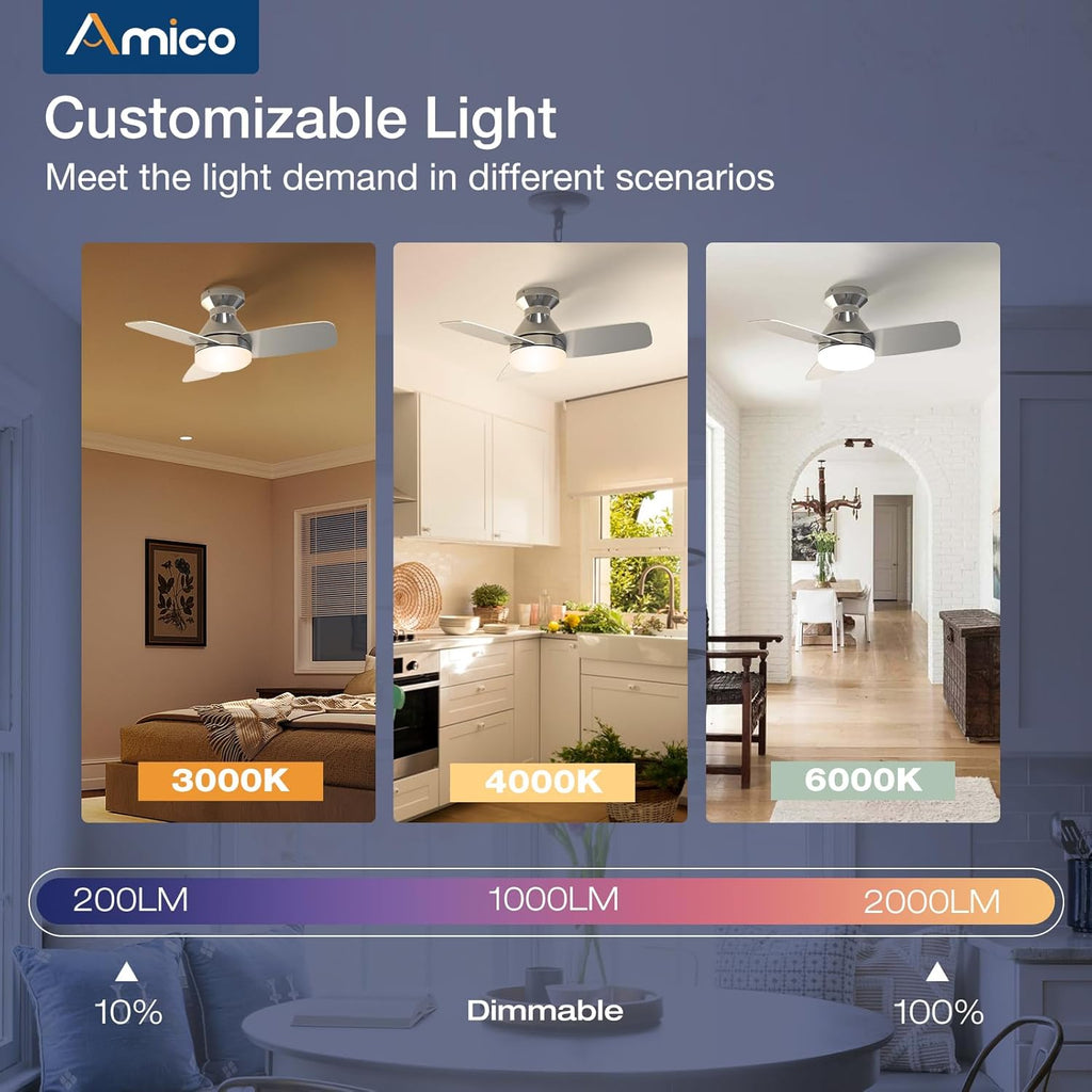 Ceiling Fans with Lights, 30 inch Low Profile Ceiling Fan with Light and Remote Control, Flush Mount, Reversible, 3CCT, Dimmable, Noiseless, Nickel Ceiling Fan for Bedroom, Indoor/Outdoor Use A102-B0C61KVQC4