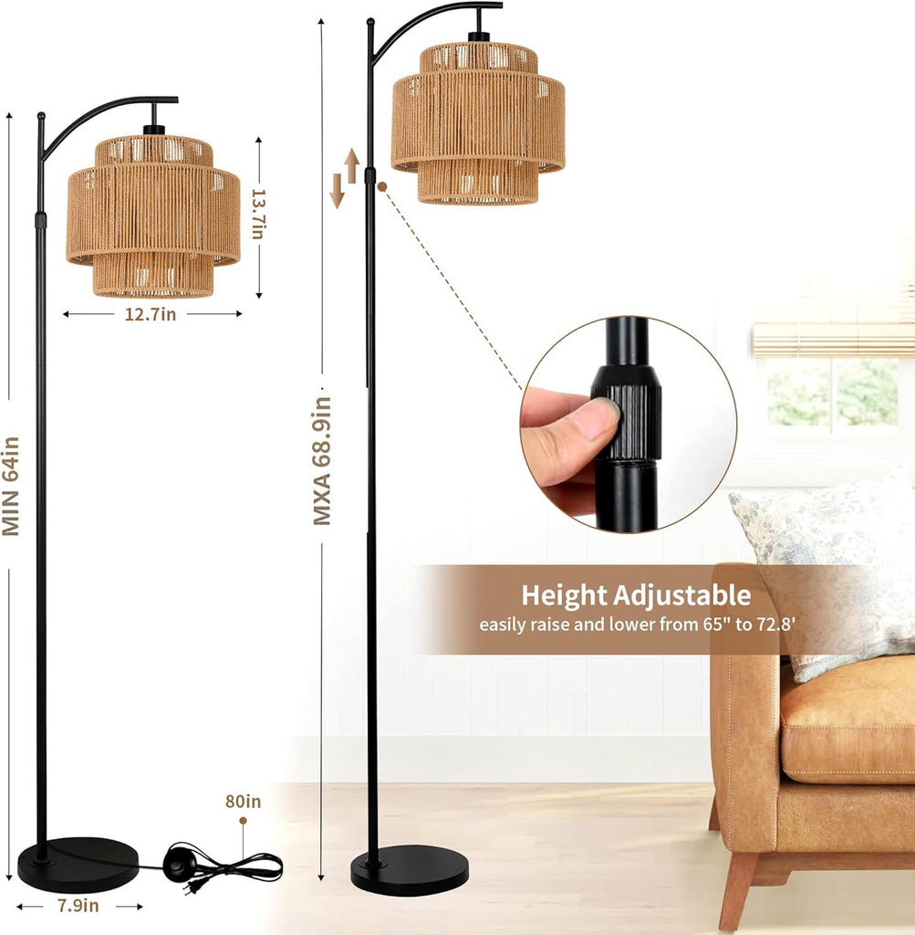 Rattan Floor Lamp Bedroom Boho Arc Standing Lamp with Remote Dimmable Black Farmhouse Wicker Bamboo Lamp Shade Floor