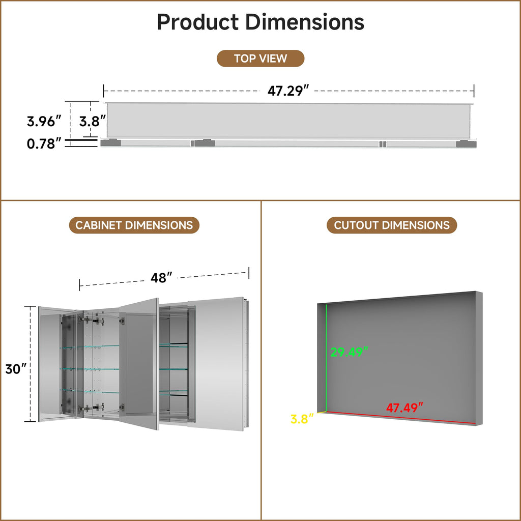 48" x 30" Bathroom Medicine Cabinet with Mirror, Recessed or Wall Mount
