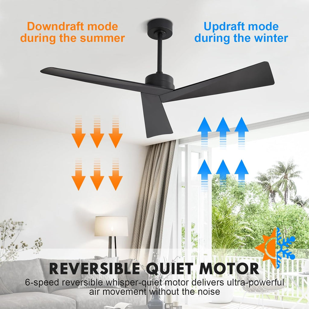 Inspired Adler Style 52" DC Ceiling Fan Without Light, 3 Sculpted ABS Blades, 6-Speed Remote - Matte Black